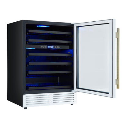 Forno Bacchino 24 Inch Wine Cooler, White with Antique Brass Handles, with LED Lighting, Triple Glass Door, 51 Bottle Capacity, Built-In or Freestanding - Forno Appliances