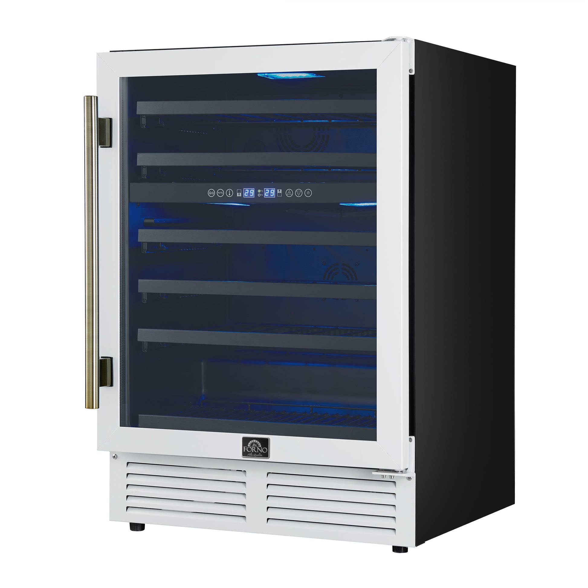 Forno Bacchino 24 Inch Wine Cooler, White with Antique Brass Handles, with LED Lighting, Triple Glass Door, 51 Bottle Capacity, Built-In or Freestanding - Forno Appliances
