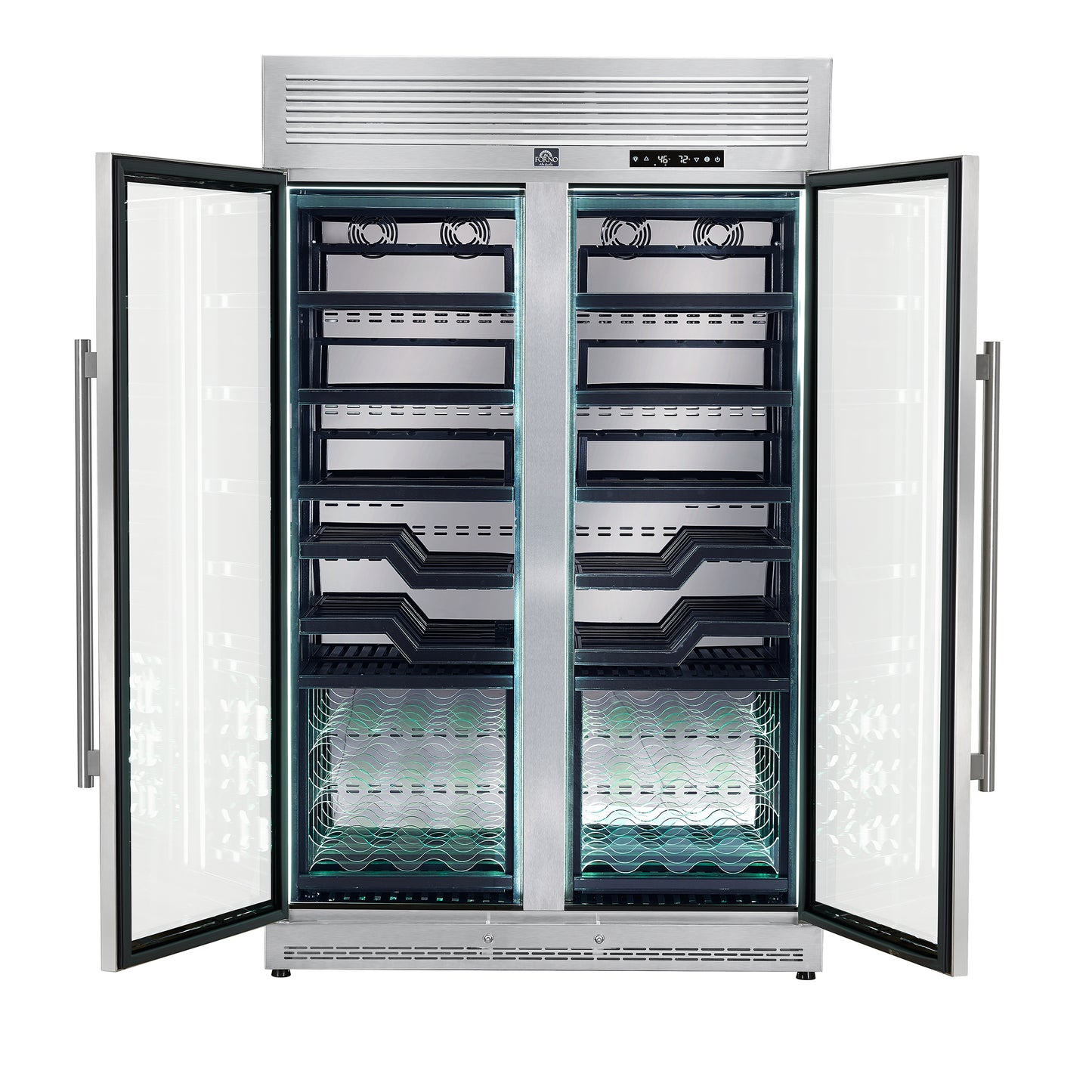 FORNO Abruzzo 48-Inch Dual Zones Wine Cellar, 102 Bottles, 24 cu. ft., Green Acrylic Holders & Black Shelves - Forno Appliances