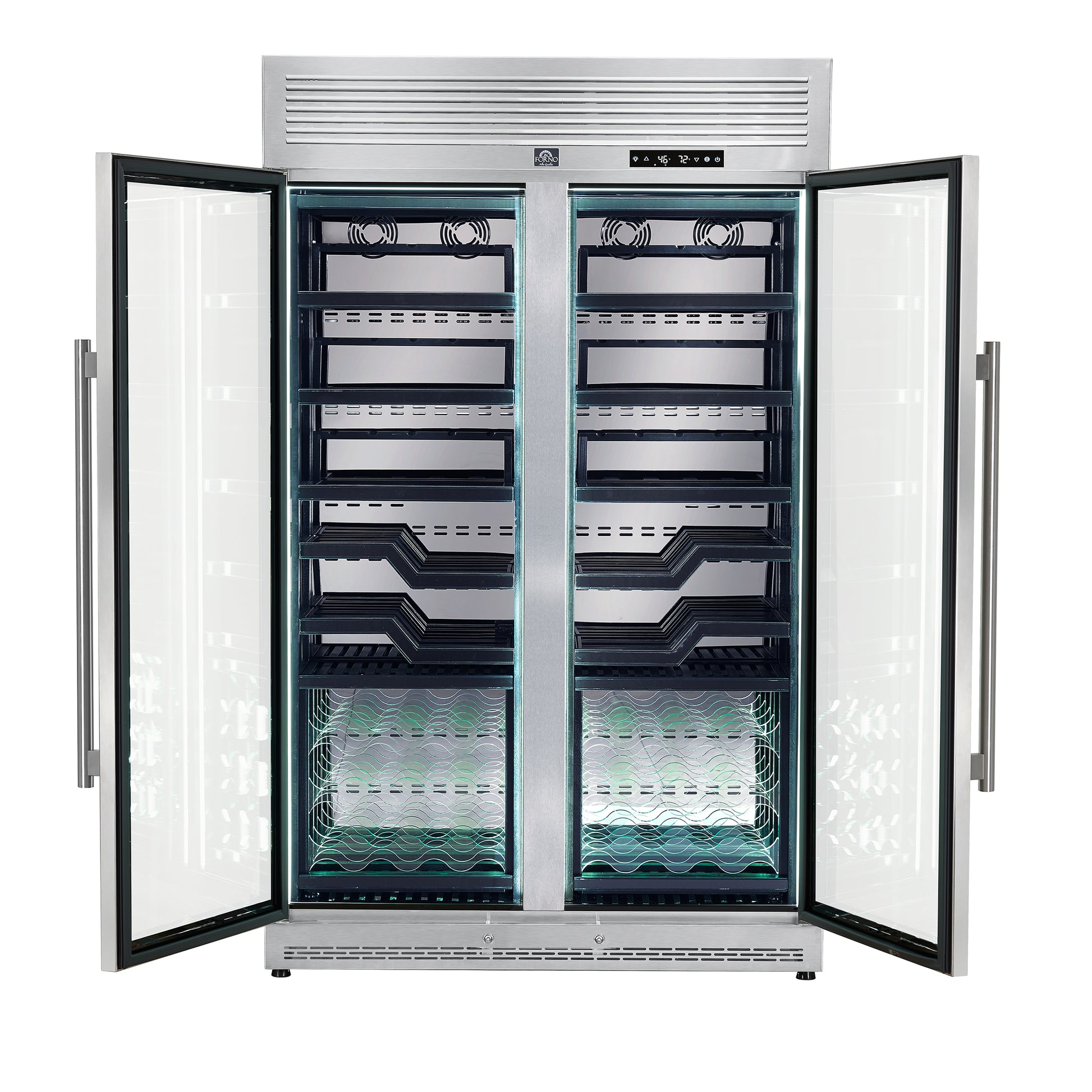 FORNO Abruzzo 48-Inch Dual Zones Wine Cellar, 102 Bottles, 24 cu. ft., Green Acrylic Holders & Black Shelves - Forno Appliances
