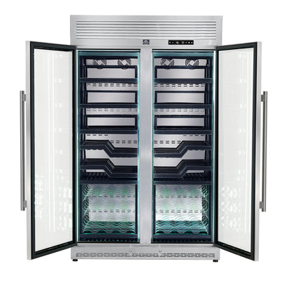 FORNO Abruzzo 48-Inch Dual Zones Wine Cellar, 102 Bottles, 24 cu. ft., Green Acrylic Holders & Black Shelves - Forno Appliances