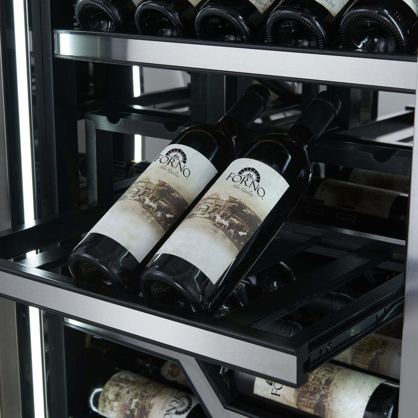 FORNO Abruzzo 48-Inch Dual Zone Wine Cellar, 102 Bottles, 24 cu. ft., Clear Acrylic Holders & Stainless Trim Shelves - Forno Appliances