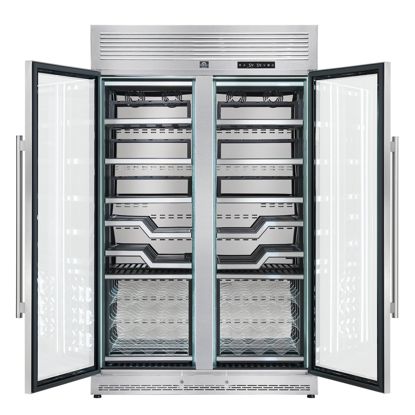 FORNO Abruzzo 48-Inch Dual Zone Wine Cellar, 102 Bottles, 24 cu. ft., Clear Acrylic Holders & Stainless Trim Shelves - Forno Appliances