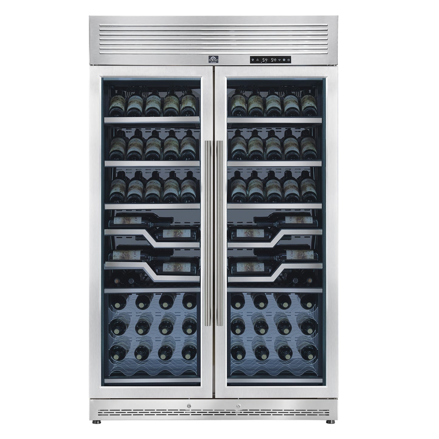 FORNO Abruzzo 48-Inch Dual Zone Wine Cellar, 102 Bottles, 24 cu. ft., Clear Acrylic Holders & Stainless Trim Shelves - Forno Appliances