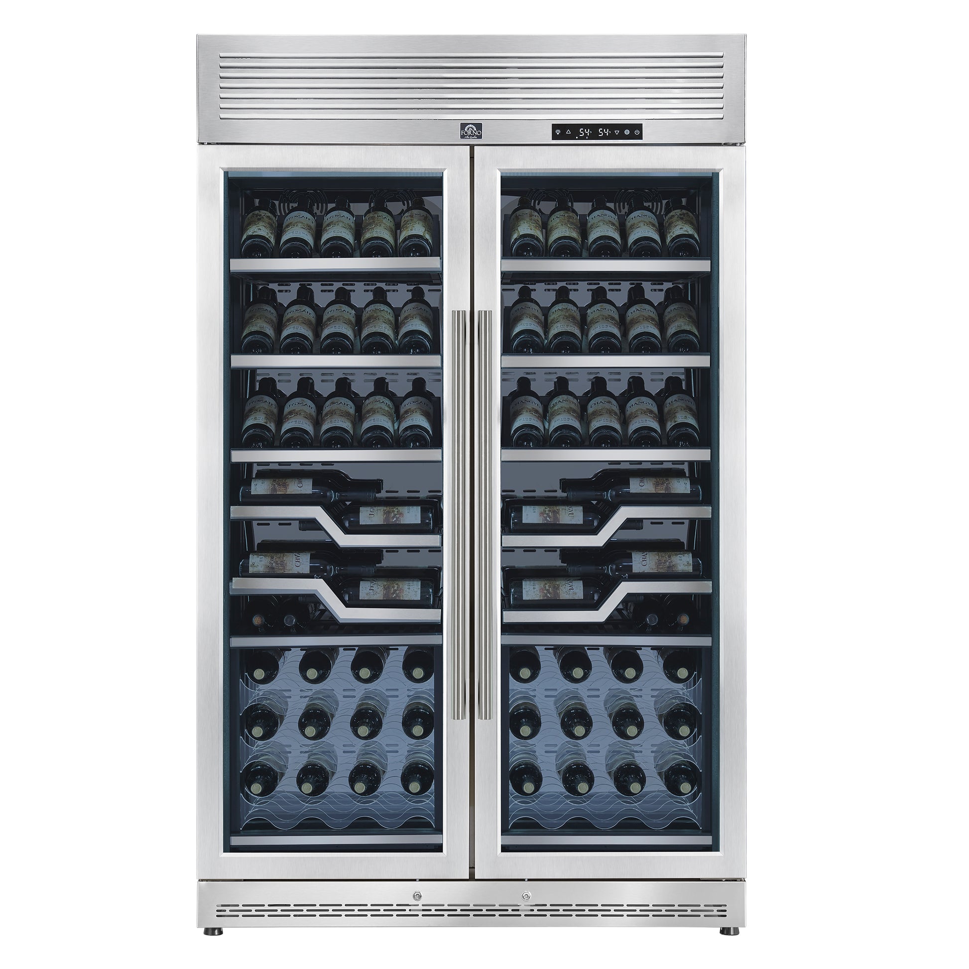 FORNO Abruzzo 48-Inch Dual Zone Wine Cellar, 102 Bottles, 24 cu. ft., Clear Acrylic Holders & Stainless Trim Shelves - Forno Appliances