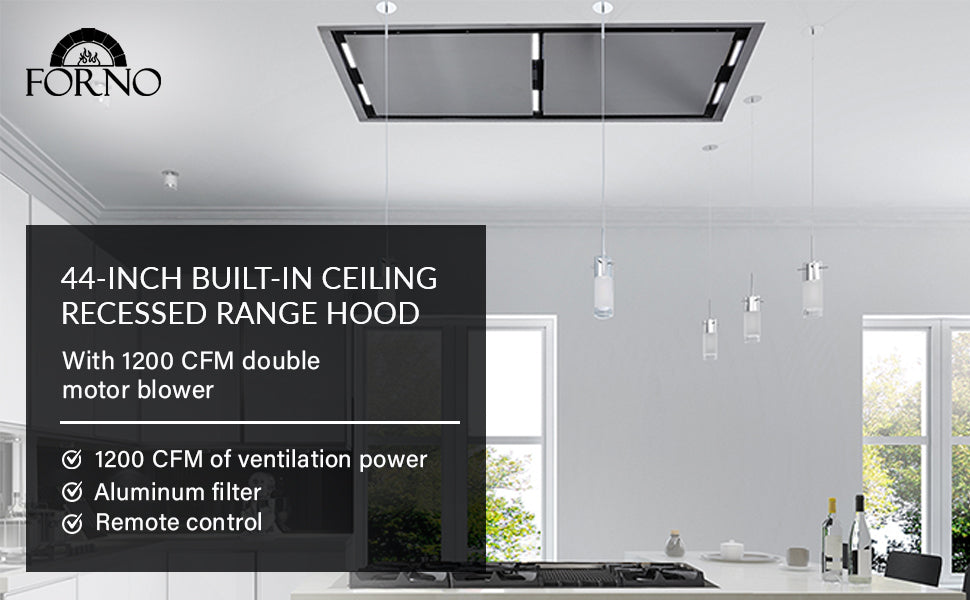 FORNO Arezzo 44-Inch Recessed Ceiling Range Hood, Dual Motors, 1200 CFM, Hybrid Filters, Remote Control - Forno Appliances