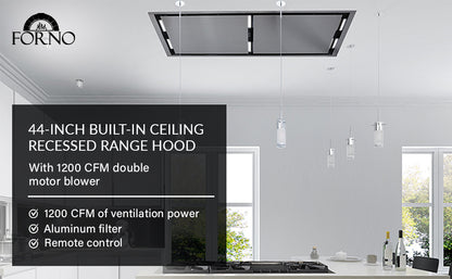 FORNO Arezzo 44-Inch Recessed Ceiling Range Hood, Dual Motors, 1200 CFM, Hybrid Filters, Remote Control - Forno Appliances
